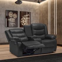 Sofá Reclinável Sala de Cinema 2 Lugares Massagem Aquecimento Hollywood Manual Porta Copos Baú Central PU Preto G94 - Gran Belo