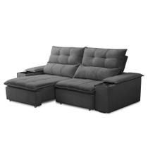 Sofá Retrátil 3 Lugares com Porta Copo 210cm Malta F05 Veludo Grafite - Mpozenato Sofá Retrátil 3 Lugares com Porta Copo 210cm Malta F05 Veludo Grafite - Mpozenato
