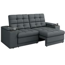 Sofá Retrátil e Reclinável 3 lugares porta-copos entrada USB apoio do braço deslizante em tecido veludo Cinza Sofá Retrátil e Reclinável 3 lugares porta-copos entrada USB apoio do braço deslizante em tecido veludo Cinza