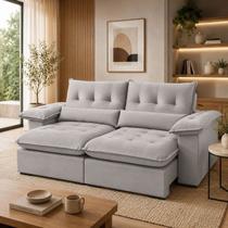 Sofá Retrátil e Reclinável 3 Lugares Veludo com Molas Ensacadas Cinza Mônaco 210cm - DECOR LAR