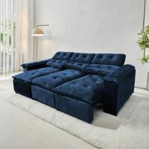 Sofá Retrátil e Reclinável 3,00m em Tecido Veludo Azul C/ Pillow nos Braços - Montagem Inclusa Sofá Retrátil e Reclinável 3,00m em Tecido Veludo Azul C/ Pillow nos Braços - Montagem Inclusa