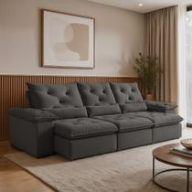 Sofá Retrátil e Reclinável 4 Lugares 2,70m Suede Cinza Londres Classico