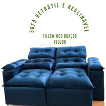 Sofá Retrátil e Reclinável Com Pillow Azul Veludo - VENEZA ESTOFADOS