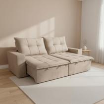 Sofá Retrátil Reclinável 3 Lugares Veludo Bege Claro com Molas 200cm Safira - ESTOFADOS PLENA