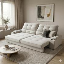 Sofá Retrátil Reclinável 4 Lugares Porta-copos USB Linho 2,30m Santiago