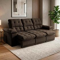 Sofá Retrátil Reclinável Atenas 2,30m Suede Velut Marrom c/ Molas no Assento - King House Sofá Retrátil Reclinável Atenas 2,30m Suede Velut Marrom c/ Molas no Assento - King House