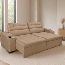 Sofá Retrátil Reclinável Barcelona com Molas Ensacadas no Assento Porta Copos e entrada USB Tecido Suede Bege 2,50M