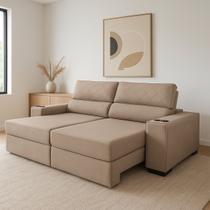 Sofá Retrátil Reclinável Madrid com Molas Ensacadas no Assento e Porta Copos Tecido Suede Bege 2,50M