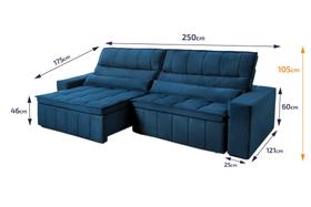 Sofá Retrátil Reclinável Supremo 2,50m Velut Azul Marinho c/ Molas