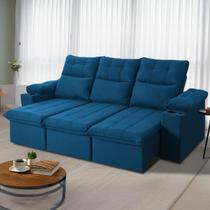 Sofá Retrátil Reclinável Verona USB + Porta Copo 2,30m Suede Velut Azul c/ Molas no Assento - King House