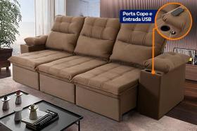 Sofá Retrátil Reclinável Verona USB + Porta Copo 2,30m Suede Velut Bege c/ Molas no Assento - King House