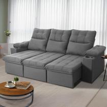 Sofá Retrátil Reclinável Verona USB + Porta Copo 2,30m Suede Velut Cinza c/ Molas no Assento - King House