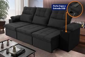 Sofá Retrátil Reclinável Verona USB + Porta Copo 2,30m Suede Velut Preto c/ Molas no Assento - King House