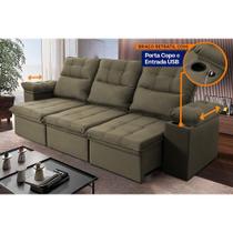 Sofá Retrátil Reclinável Verona USB + Porta Copo 2,30m Suede Velut Tabaco c/ Molas no Assento - King House