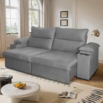 Sofá Retrátil Tesla 2,40m USB e Porta Copo Suede Cinza