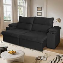 Sofá Retrátil Tesla 3,10m USB e Porta Copo Suede Preto