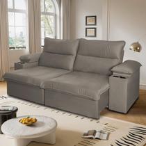 Sofá Retrátil Tesla 3,10m USB e Porta Copo Suede Tabaco