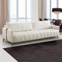 Sofá Sala de Estar Living Design Moderno 180cm Pés em Madeira Detalhe Lateral em PU Amadeu Veludo Bege G93 - Gran Belo