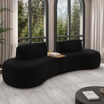 Sofá Sala de Estar Modulado França 342cm com Encosto Articulável Mesa Central e Almofadas Veludo Preto G45 - Gran Belo