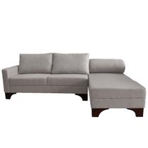 Sofá Suécia Chaise Direita Base Madeira Linho Cinza Claro