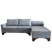 Sofá Suécia Chaise Direita Base Madeira Linho Cinza Escuro