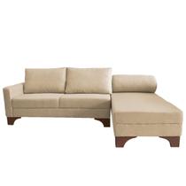 Sofá Suécia com Chaise Direita Base em Madeira Linho Bege