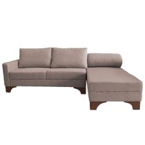 Sofá Suécia com Chaise Direita Base em Madeira Linho Café