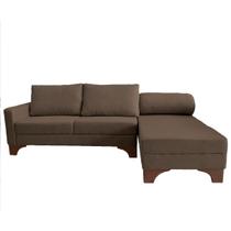 Sofá Suécia com Chaise Direita Base em Madeira Linho Marrom