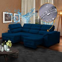 Sofá Suede Azul de Canto Chaise Impermeabilizado 250 x 150 Cm Luiza Retrátil Reclinável - SóSofá