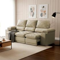 Sofá Veneza 2,40m Retrátil e Reclinável Bege USB e Porta Copos - King House