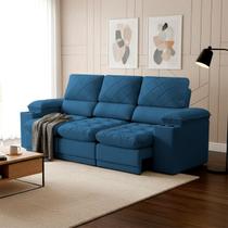 Sofá Veneza 2,40m Retrátil Reclinável Azul USB e Porta Copos - King House Sofá Veneza 2,40m Retrátil Reclinável Azul USB e Porta Copos - King House