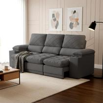 Sofá Veneza 2,40m Retrátil Reclinável Grafite USB e Porta Copos - King House