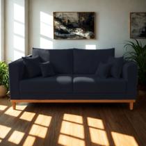 Sofá Viena Beny 3 Lugares Com Base de Madeira Linho Azul