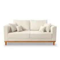 Sofá Viena Beny 3 Lugares Com Base de Madeira Linho Bege Madeira Prima Deccor