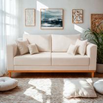 Sofá Viena Beny 3 Lugares Com Base de Madeira Sala de Estar Recepção Linho Bege