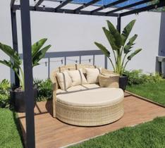 Sofás Sacadas Jardim Área Externa Poltrona Chaise Dupla fibra cor Palha Natural Almofadas Bege