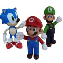 Sonic azul, Super Mario, Luigi - kit com 3 bonecos grandes