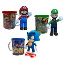 Sonic, Mario e Luigi - Kit com 3 bonecos + canecas personalizadas