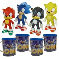 Sonic ul Amarelo Preto Vermelho Kit 4 Bonecos + Canecas