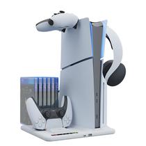 Soporte para Consola y Estación de Carga para Controles de PS5 Slim con Estación de Enfriamiento, Organizador de Discos, Cargador, Soporte para Auriculares y 6 Ranuras para Juegos