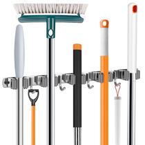 Soporte para Escobas UNIFUN de Acero Inoxidable con 5 Rieles y 4 Ganchos Gris