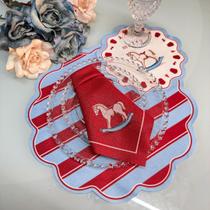 Sousplat Natal Cavalo de Balanço Vermelho e Azul Jogo Americano Kit Mesa Posta Decoração Infantil