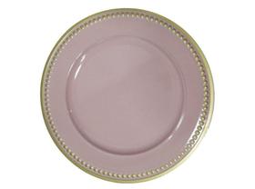Sousplat Rosa com Borda Dourada e Trabalhada Bolinha 33 cm