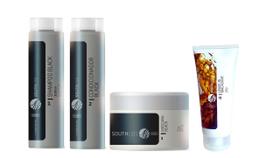 Southliss black shampoo e condicionador e mascara + leave in macadame