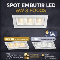 Spot Luminária LED 3 Focos Embutir Picco 6w 3000k Retangular Bivolt Luz Cor Branco Quente Amarelado 3000K Econômico Minimalista Casa Escritório Home