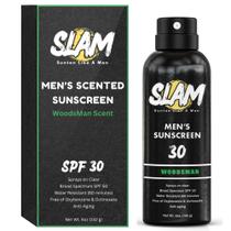 Spray protetor solar Slam WoodsMan masculino SPF 30 para rosto e corpo Spray protetor solar Slam WoodsMan masculino SPF 30 para rosto e corpo