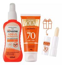 Spray Repelente contra Mosquitos Bem Estar + Protetor Solar Facial 70 FPS + Protetor Labial FPS 30 Abelha Rainha