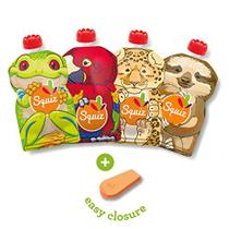 SQUIZ - 4 Bolsas de Alimentos Reutilizáveis de Embalagem Sueca 4,4 oz (130ml) - Armazenamento de Alimentos Recarregáveis para Bebés, Crianças e Crianças - Sacos Seguros Laváveis e Congeladores - BPA Free - Fun Designs