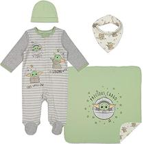 STAR WARS Mandalorian Baby Yoda Layette Gift Set Footies Blanket Bib Hat 0-6 Meses