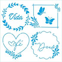 Stencil Litoarte 20 x 20 cm - STA-307 Selos : Vida, Borboletas, Fé e Deus